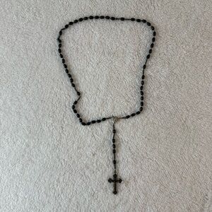 Vintage Rosary Germany Black Beads Sterling Silver? Religious Catholic Prayer